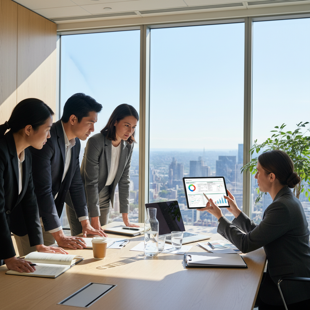 A diverse group of expat business owners, professionally dressed, sitting around a table in a modern office space, engaged in a discussion with a financial advisor who is pointing at a digital tablet displaying tax forms and charts. The atmosphere is collaborative and serious, with natural light streaming in.