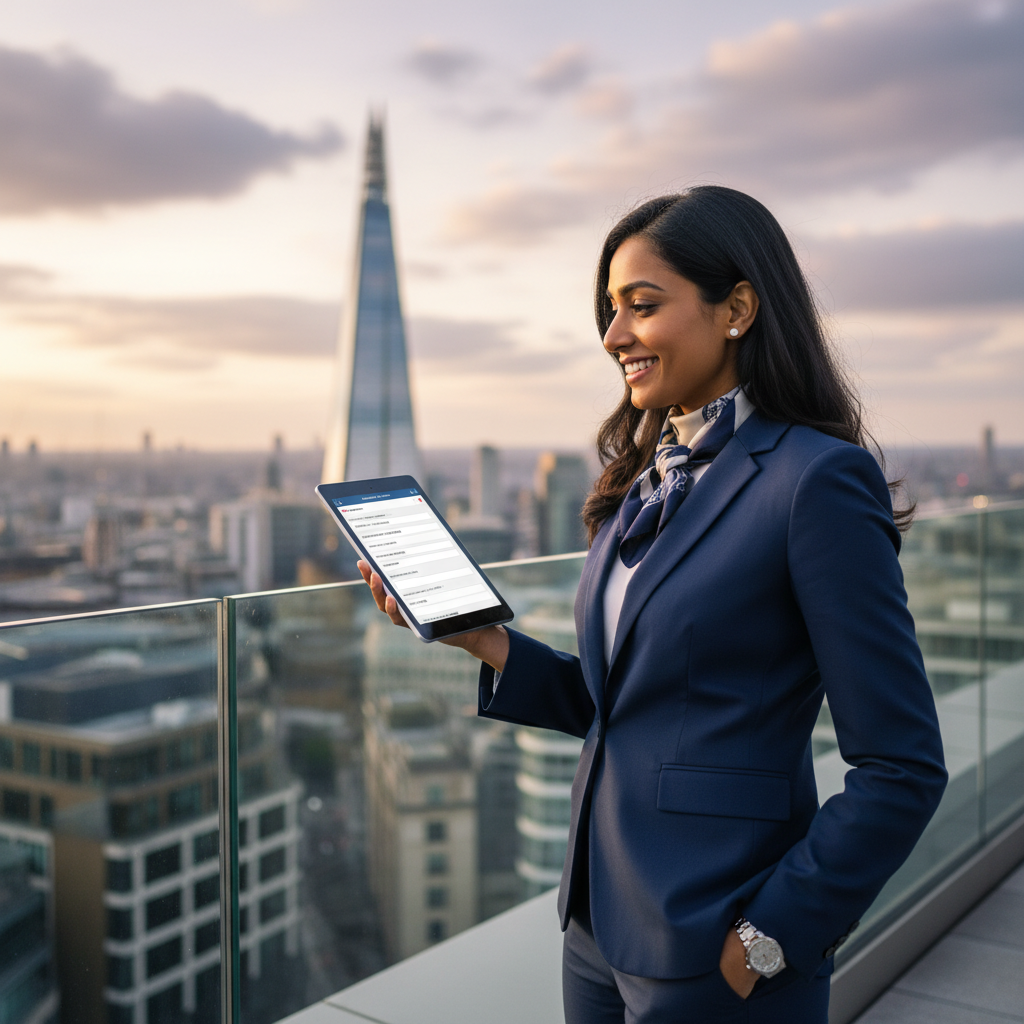 A professional, photorealistic image of a business person, possibly a non-resident, confidently looking at a tablet displaying a Companies House registration form, with a blurred London cityscape in the background. The atmosphere should convey success and global business.
