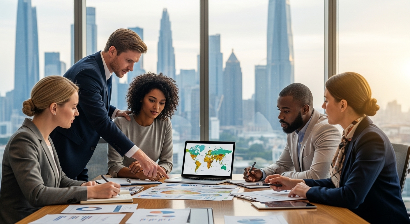 A diverse group of business professionals, including a UK expat, holding a meeting in a modern, sunlit office overlooking an international city skyline. They are reviewing documents and a laptop, appearing collaborative and focused. The expat is pointing to a map or a diagram on the table. The overall image should convey professionalism, global reach, and strategic consultation.