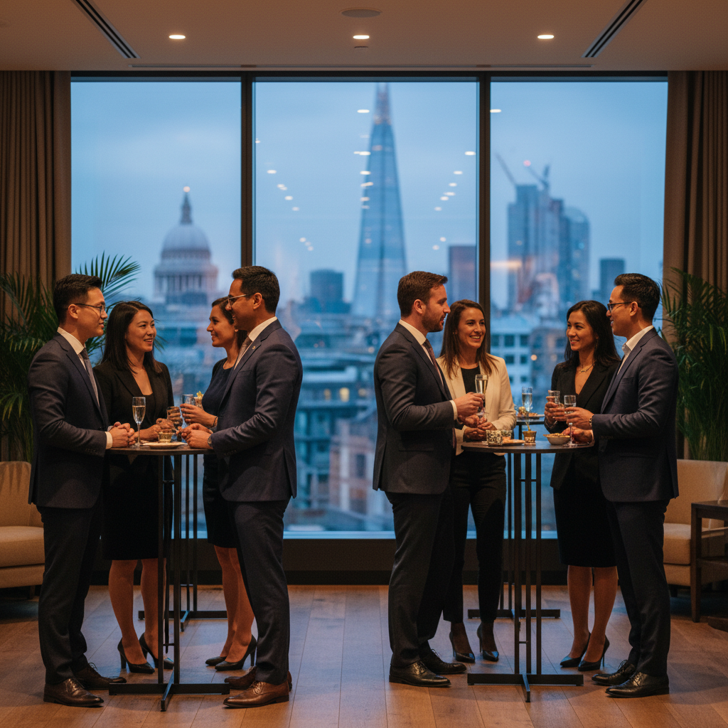 A diverse group of well-dressed professionals from various ethnic backgrounds, smiling and engaging in conversations at a sophisticated business networking event in a modern London venue, with iconic London landmarks subtly visible in the blurred background through a large window. The atmosphere is vibrant and collaborative.