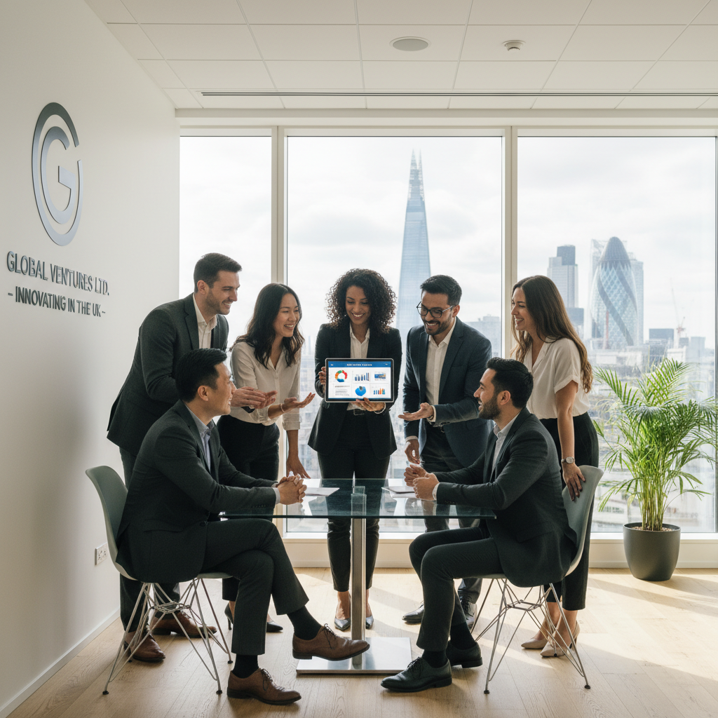 A diverse group of international business professionals in a modern office setting, looking at a digital tablet and discussing business plans, representing expat startups thriving in the UK. The scene should be bright and optimistic.
