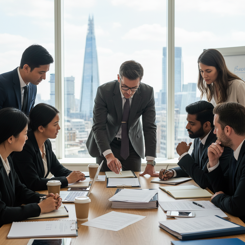 A diverse group of expat business professionals, both men and women of various ethnicities, are gathered around a table in a modern, sunlit office. They are intently reviewing legal documents and business plans, with a knowledgeable UK business migration specialist (a professional-looking individual in a suit) guiding them through the process. The specialist points to specific sections on a document, explaining complex UK immigration regulations. There are laptops, pens, and stacks of papers on the table, indicating detailed work. The background shows a blurred cityscape of London, symbolizing the UK business environment. The atmosphere is collaborative and professional, emphasizing clarity and expertise.