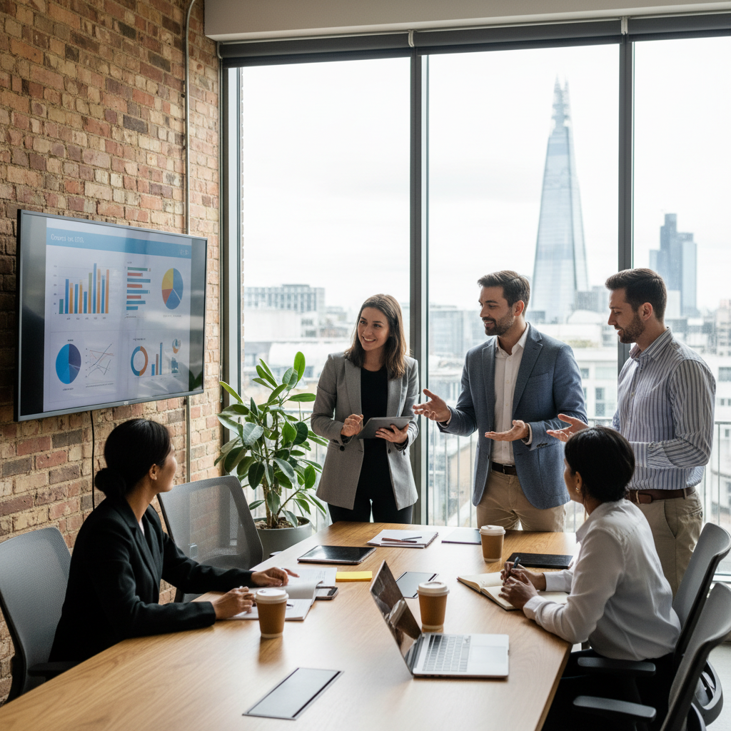 A diverse group of expat entrepreneurs in a bright, modern co-working space, collaboratively reviewing a business plan on a large screen, with charts and growth projections visible. The atmosphere is dynamic and innovative, reflecting global business ambition in the UK.