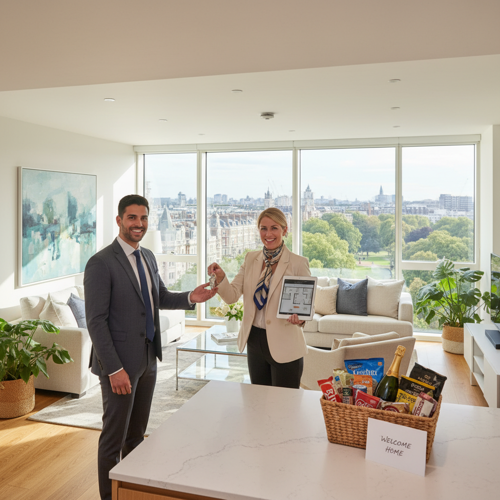 A professional couple, dressed smartly, receiving keys to a beautifully furnished modern apartment in a thriving London neighborhood from a friendly, well-dressed relocation consultant. The apartment has large windows with a view of city greenery, and a 'Welcome Home' basket is on the counter. The scene is bright and optimistic, conveying ease and sophistication.