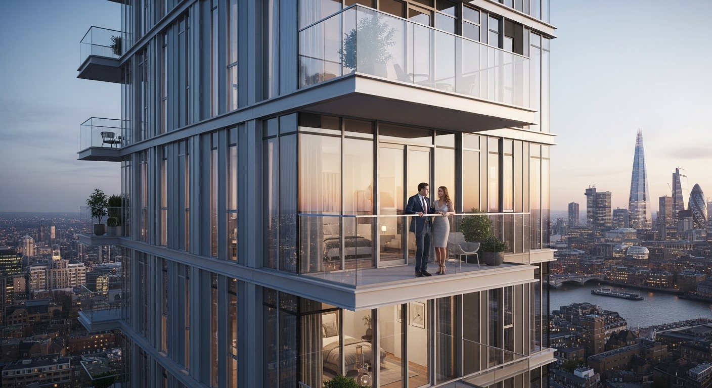 A sophisticated, high-rise luxury apartment building in the heart of London, with modern architecture and expansive views. A well-dressed couple is looking out from a balcony, contemplating the city skyline. The scene should convey wealth and strategic investment.