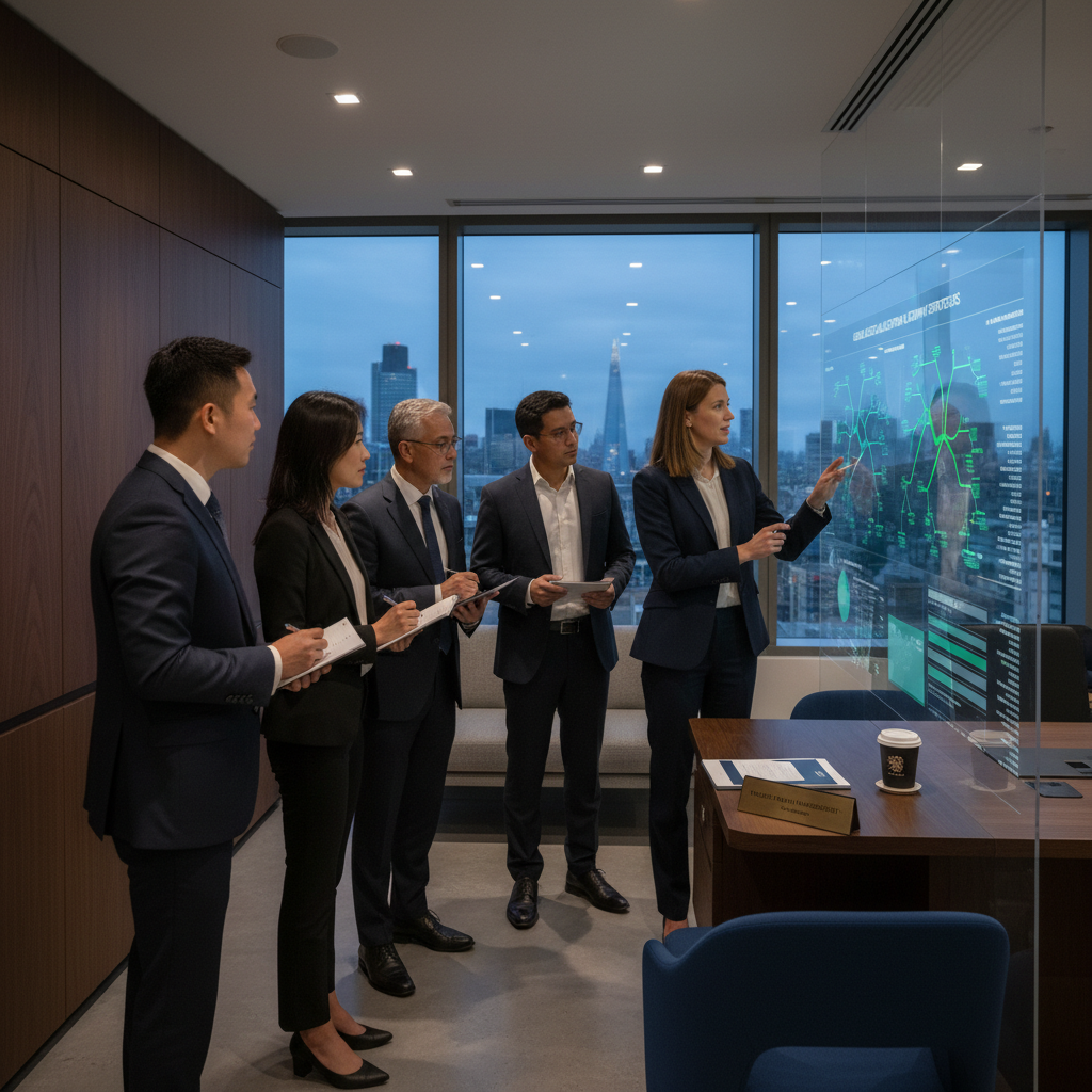 A professional, diverse group of expat clients in a sophisticated private banking office in London, attentively listening to a knowledgeable financial advisor who is pointing at a digital display showing complex wealth management charts. The scene is modern and professional, reflecting trust and expertise.