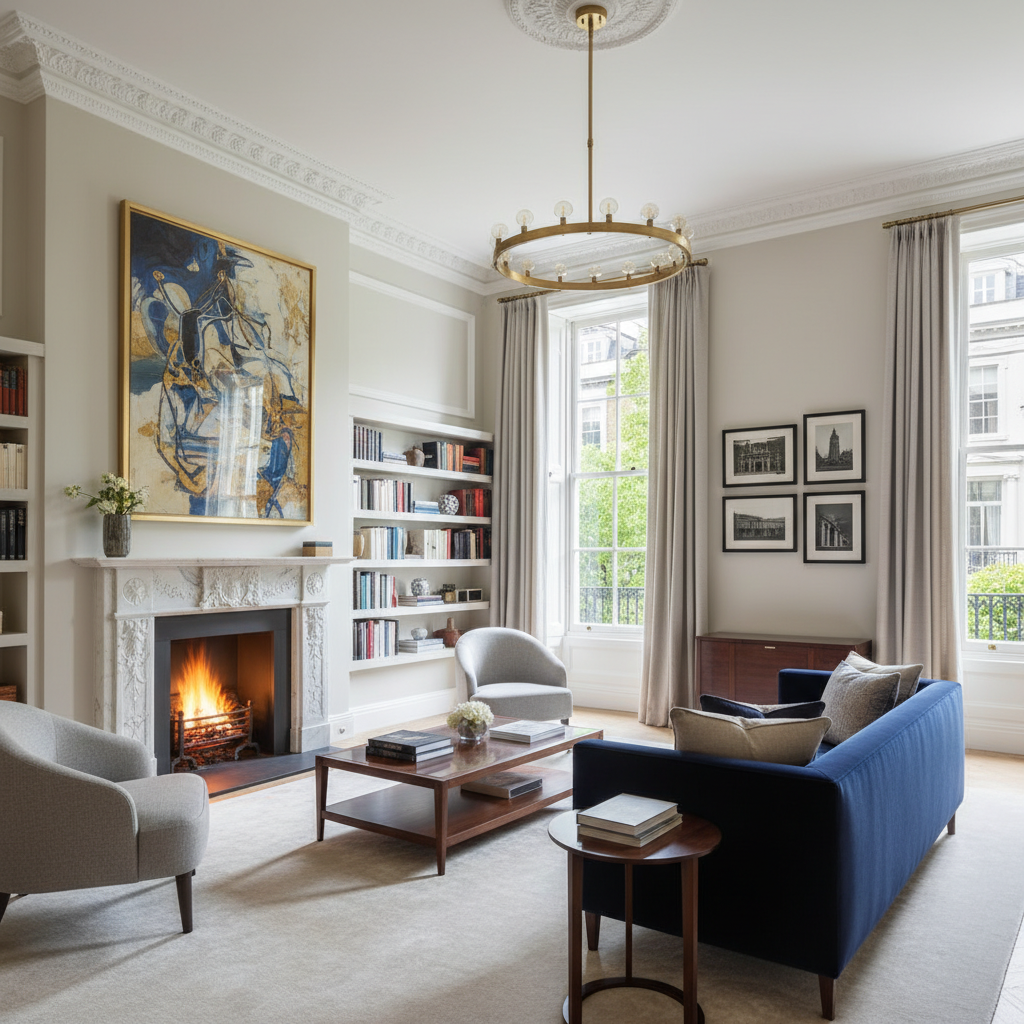 A wide-angle, luxurious living room inside a historic yet modernised townhouse in Belgravia, London. Features include high ceilings, ornate cornicing, a grand fireplace, bespoke contemporary furniture, large windows with natural light, and tasteful artwork. The overall impression is one of elegance and sophistication.