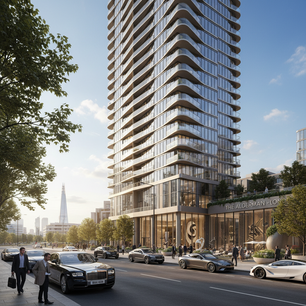 A detailed, photorealistic image showing a sophisticated, modern high-rise residential building in a bustling UK city like London, with clear skies and luxury cars parked nearby. The architecture should be sleek, reflecting high-end property development.